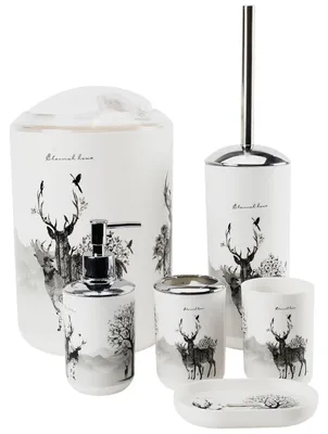 Produktbild von 6tlg Badset Badezimmer Zubehör Set Organizer: (Hirsch) Seifenspender, Zahnputzbecher, Kosmetikeimer, WC Bürste, Seifenschale, Mülleimer