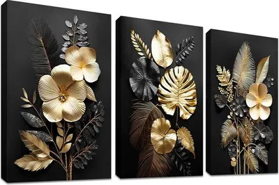 Productafbeelding van Famanu Wanddecoratie, 3D bloemen, zwart en goud - 90 x 40 cm