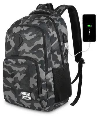 Productafbeelding van Rugzak voor heren met USB-oplaadpoort, camouflageprint, zwart, 35 liter, geschikt voor laptops tot 15,6 inch