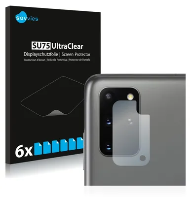 A product box for screen protectors and a close-up of a phone's camera lens with a screen protector applied.