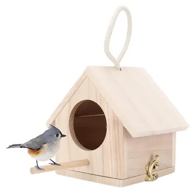 Productafbeelding van Houten Vogelhuisje met Zitstang voor Papegaaien en Parkieten, 15,5 x 12 x 14,5 cm