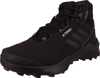 A black Adidas Terrex hiking boot is shown from a three-quarter front angle against a white background.