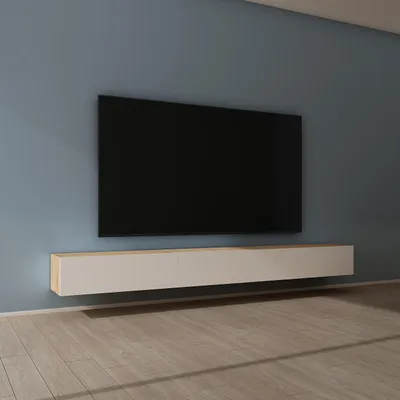 Produktbild von Mai & Mai Fernsehschrank Verdeckter Griff mit Soft-Close Lowboard Hängeschrank für Wohnzimmer in Kerneiche + Matt Weiß BTH: 300x40,2x30 cm Fernsehschrank02