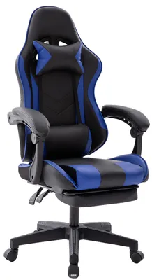 A black and blue gaming chair with a footrest is shown against a white background.