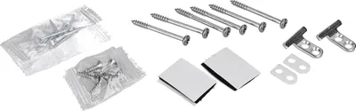 A collection of screws, mounting brackets, and adhesive pads, likely for appliance installation.