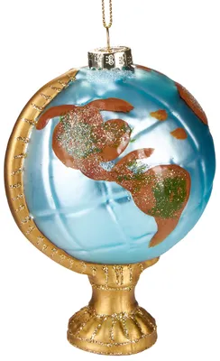 A glass globe ornament on a gold stand, isolated on a white background.