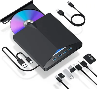 Obrázek produktu pro Externí DVD mechanika pro PC, externí mechanika CD-ROM, USB 3.0 a Type-C se čtečkou karet SD/TF a USB, CD-RW VCD pro Windows 7/8/10