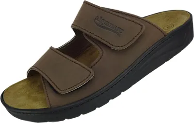 Produktbild von Algemare Pantolette Herren 42 EU, Echtleder, hochwertiges PU, Wechselfußbett, waschbares Fußbett, anatomisch geformte Decksohle, flexible Laufsohle, stufenlos verstellbare Klettverschlüsse