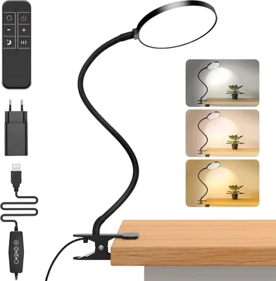 Produktbild von LED Leselampe mit Fernbedienung,12cm Schreibtischlampe USB mit EU-Stecker,Schwanenhals Klemmelampe 3 Farbmodi und 5 Helligkeitsstufen,Timer,Bedienfeld