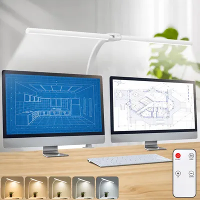 Produktbild von LED Schreibtischlampe Dimmbar Doppelkopf 80cm, 24W Leselampe Klemmleuchte 5 Lichtfarbe mit Fernbedienung für Büro Arbeitszimmer, Weiß, KI-generiertes Bild