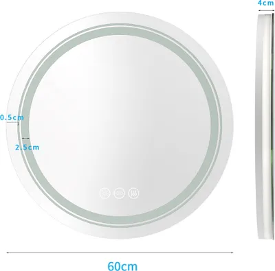 A round LED bathroom mirror with dimensions indicated.