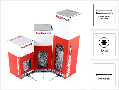 Produktbild von fischer Spanplattenschraube PowerFast, FPF II CTP 4,5 x 35 BC 500 Senkkopf mit Innenstern TX Teilgewinde galvanisch verzinkt, blau passiviert, 500 Stück