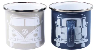 Produktbild von VW T1 Bulli Bus Tasse emailliert 2er Set 350ml - blau/beige