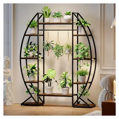 Produktbild von Pflanzenständer mit Wachstumslampe 160 cm aus Holz und Metall, 6 Ebenen Blumentreppe für Innen- und Außenbereich, Eckregal für Wohnzimmer, Balkon und Garten