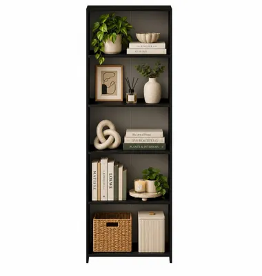 Image de Bibliothèque haute noire avec 5 étagères spacieuses
