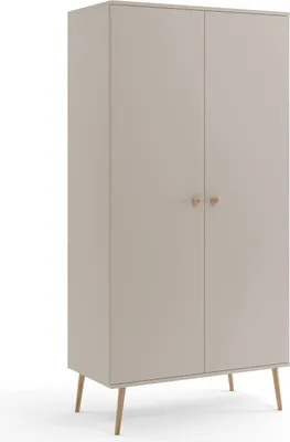 A neutral-toned, two-door wardrobe with wooden legs and round wooden handles, presented against a white background.