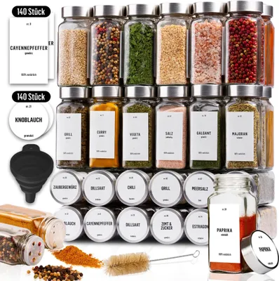 Obrázek produktu pro Sada 36ks - Deco Haus Dózy na koření s víčkem z nerezové oceli - sada s etiketami, trychtýřem, čisticím kartáčkem - 120 ml, 10,5 x 4,3 cm