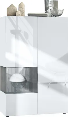 Produktbild von Vladon Vitrine Morena V2,  Germany, Standvitrine mit 2 Türen und Glaseinsatz, Korpus Weiß matt, Fronten Weiß Hochglanz, Cube Avola-Anthrazit  (91,5 x 136,5 x 37 cm)