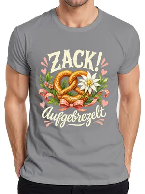 Produktbild von Zack! Aufgebrezelt Wiesn Brezel Lederhose Dirndl Herren T-Shirt, Grau, XL