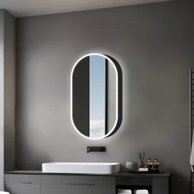 Produktbild von Spiegelschrank mit LED Beleuchtung Oval Torino Aluminium Badezimmerschrank 80x45 cm schwarz eloxiert IP44