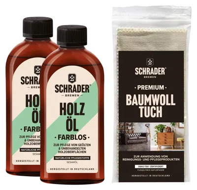 Produktbild von SCHRADER Holzöl Set - farbloses Pflegeöl für Holzmöbel und Holzoberflächen mit Poliertuch - 3-teilig - Germany