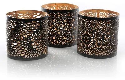 Produktbild von 3 Windlichter aus Metall schwarz Gold - Kerzenhalter 13 cm