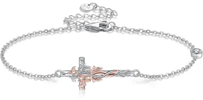 Image de Bracelet en argent sterling avec pendentif en forme de croix et motif d'arbre de vie, longueur 7+2 pouces, largeur 1,2 mm