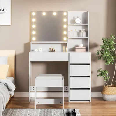 Produktbild von OYAJIA Schminktisch Schminktisch mit 10 LED-Beleuchtung, Spiegel und Hocker, 94x40x140 cm Frisiertisch Kosmetiktisch Hollywood, Set für Schlafzimmer