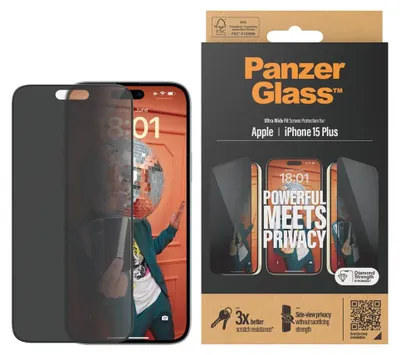 Obrázok produktu pre PanzerGlass ® Privacy Screen Protector iPhone 15 Plus | Ultra-Wide Fit, Apple, Apple - iPhone 15 Plus, Suché aplikovanie, Odolný proti nárazom, Priehľadná, 1 kusov