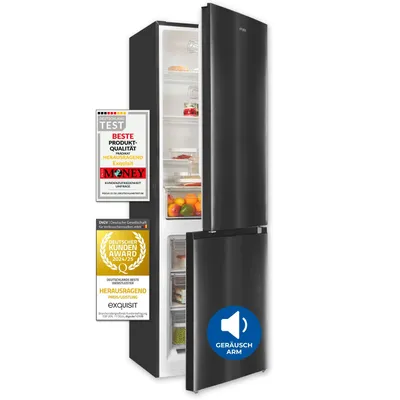 A black refrigerator with its doors open, displaying internal shelves and drawers. Several marketing badges and a sound icon overlay are visible on the left and right sides of the refrigerator.