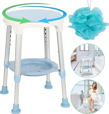 A collage of images showing a shower stool, a bath pouf, and lifestyle shots of the shower stool in use.