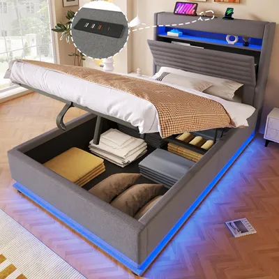 Zdjęcie produktu dla Łóżko tapicerowane z funkcją ładowania przez USB typu C, oświetleniem LED, regulacją hydraulicznym, podnoszoną półką do przechowywania, bez materaca, sterowaniem przyciskiem/aplikacją, pościelą, wymiary 90 x 200 cm, kolor szary