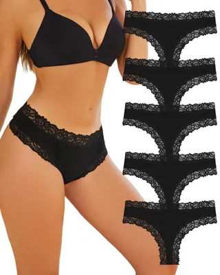 Zdjęcie produktu dla Bielizna damska, majtki bawełniane - model brazylijski - zestaw 5 sztuk - miękkie/oddychające - elegancka koronka - komfortowa bielizna - majtki
