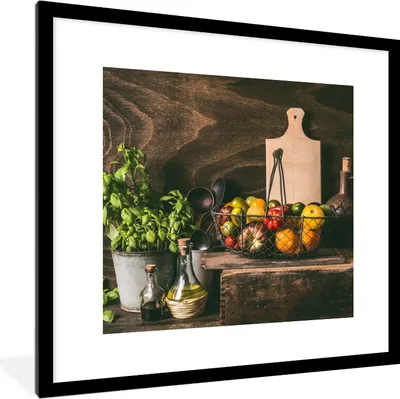 Produktbild von MuchoWow® Gerahmtes Poster Gemüse - Kräuter - Rustikal - Stilleben - Basilikum 40x40 cm - Poster mit Schwarzem Bilderrahmen Wandposter Rahmen Foto Bilder - Poster - Plakat im Rahmen