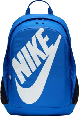 A blue Nike backpack with a white Nike logo.
