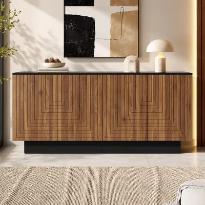 Productafbeelding van Merax dressoir met 4 deuren en een front zonder handgrepen, commode met een gestructureerde, lijnachtige uitstraling, woonkamerkast met opbergruimte, legplanken, notenhout