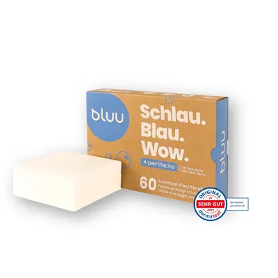 Produktbild von bluu Waschmittel-Blätter Alpenfrische | 60 Stk | Biologisch abbaubares Waschmittel | 100% Plastikfrei | Wäsche ökologisch waschen mit Eco Waschstreife