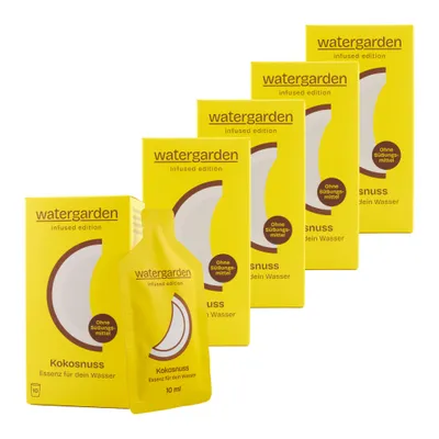 5 Stück der watergarden infused edition Kokosnuss sowie eines der enthaltenen Sachets.