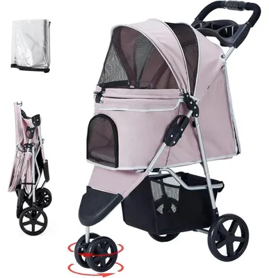 Image de Poussette pour chien jusqu'à 15 kg, pliable, avec panier de rangement, fenêtres en filet et protection contre la pluie, de couleur rose