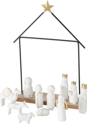 A nativity scene with ceramic figures and a wooden base, set against a white background.