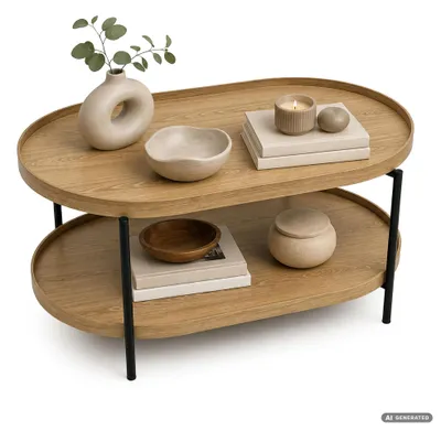 Immagine prodotto di Tavolino da salotto stile loft CORTADO 90 cm ovale con ripiano legno naturale gambe nere