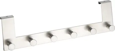 A silver-colored over-the-door hook rack with six hooks.