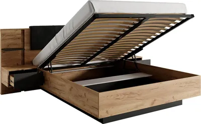 Produktbild von Bett mit Bettkasten mit Nachttischen - 140 x 190 cm - Mit LED-Beleuchtung - Holzfarben & Anthrazit - ELYNIA