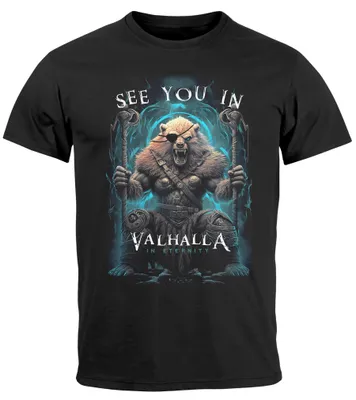 Produktbild von Herren T-Shirt Frontprint See you in Valhalla Wikinger Krieger Nordmänner Mythologie Neverless® schwarz 5XL
