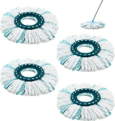 Four mop heads are arranged in a cluster, with a single mop head and handle shown in the upper right corner.