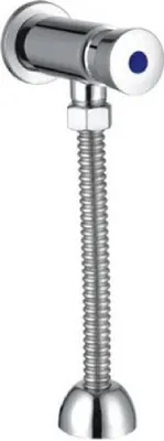 A chrome urinal flush valve with a flexible hose.