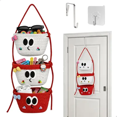 Image de Elzusha - Panier de rangement suspendu avec 3 compartiments, en coton tressé