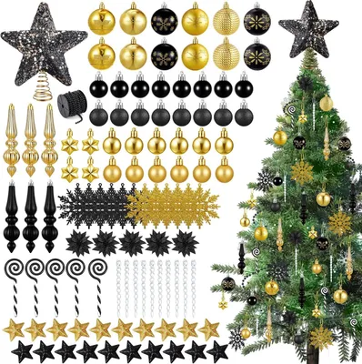 Obrázok produktu pre Sada 104 vianočných ozdôb na stromček, gule 3–20 cm, čierno-zlaté, kompletná sada