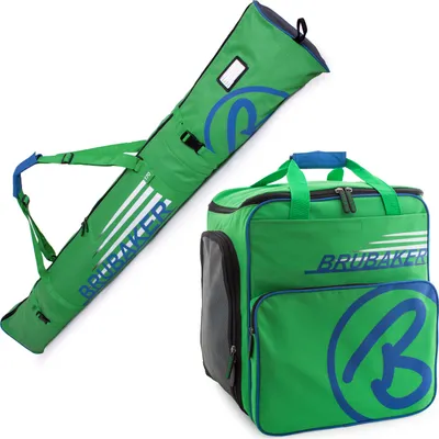 BRUBAKER Kombi Set CHAMPION - Skisack 170 cm und Skischuhtasche für 1 Paar Ski + Stöcke + Schuhe + Helm Grün Blau