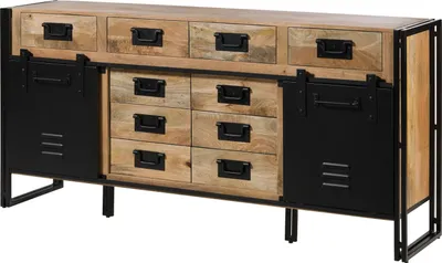 Image de MASSIVMOEBEL24 | Buffet en bois de manguier 195x45x90 laqué naturel clair / Métal noir BLACKBURN #109